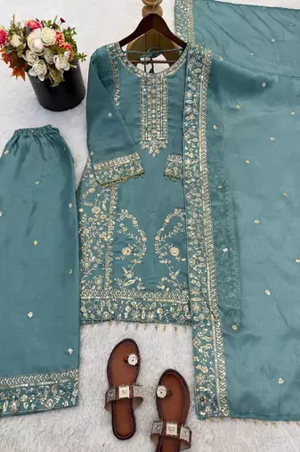 Teal blue gold thread embroidered palazzo suit