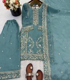 Teal blue gold thread embroidered palazzo suit