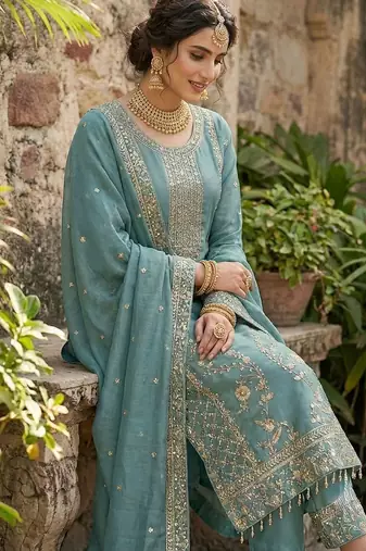 Teal blue gold thread embroidered palazzo suit