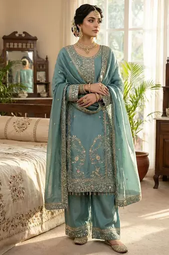 Teal blue gold thread embroidered palazzo suit