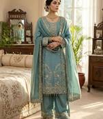 Teal blue gold thread embroidered palazzo suit