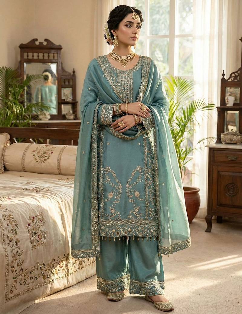 Teal blue gold thread embroidered palazzo suit