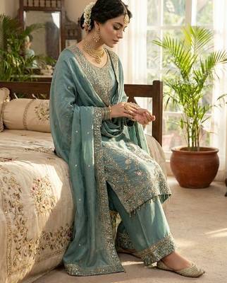 Teal blue gold thread embroidered palazzo suit 4