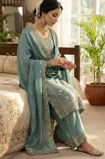 Teal blue gold thread embroidered palazzo suit