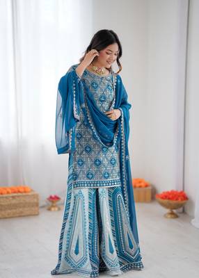 Teal blue georgette embroidered ethnic set 1