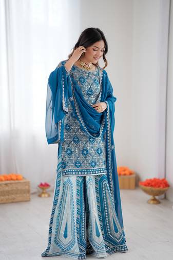 Teal blue georgette embroidered ethnic set