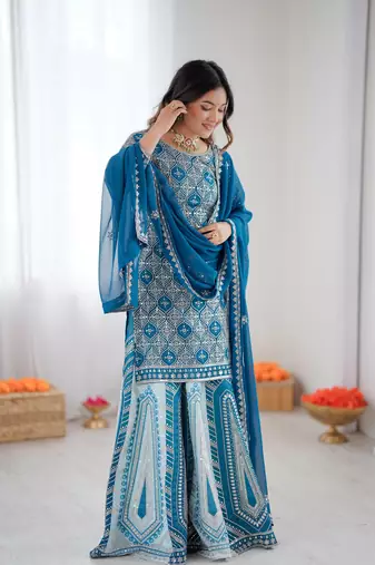 Teal blue georgette embroidered ethnic set