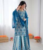 Teal blue georgette embroidered ethnic set