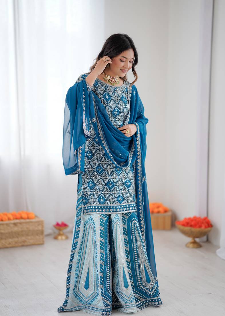 Teal blue georgette embroidered ethnic set
