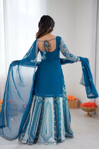 Teal blue georgette embroidered ethnic set