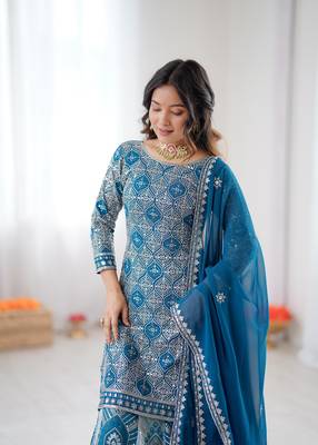 Teal blue georgette embroidered ethnic set 3