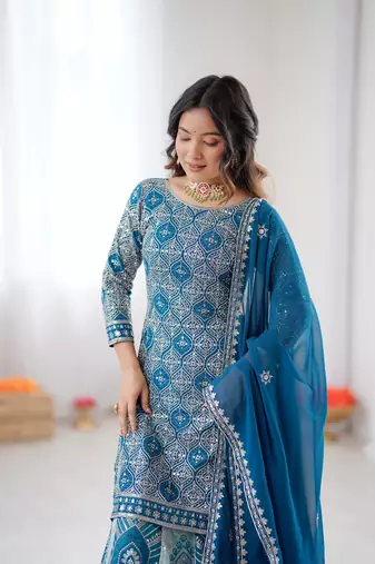 Teal blue georgette embroidered ethnic set