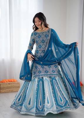 Teal blue georgette embroidered ethnic set 4