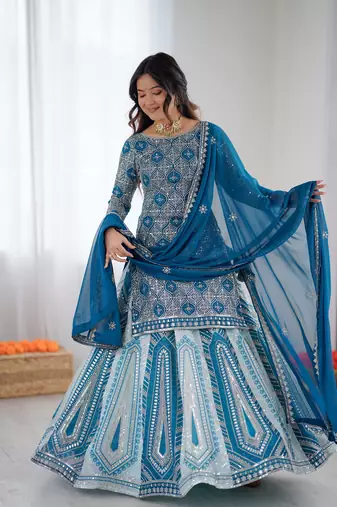 Teal blue georgette embroidered ethnic set