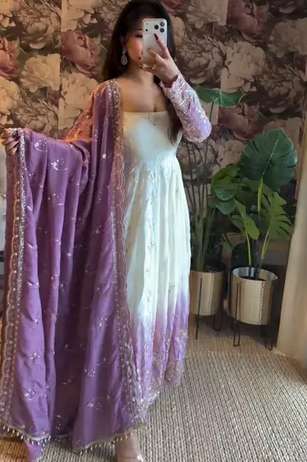 Ivory & dark lavender ombre anarkali gown