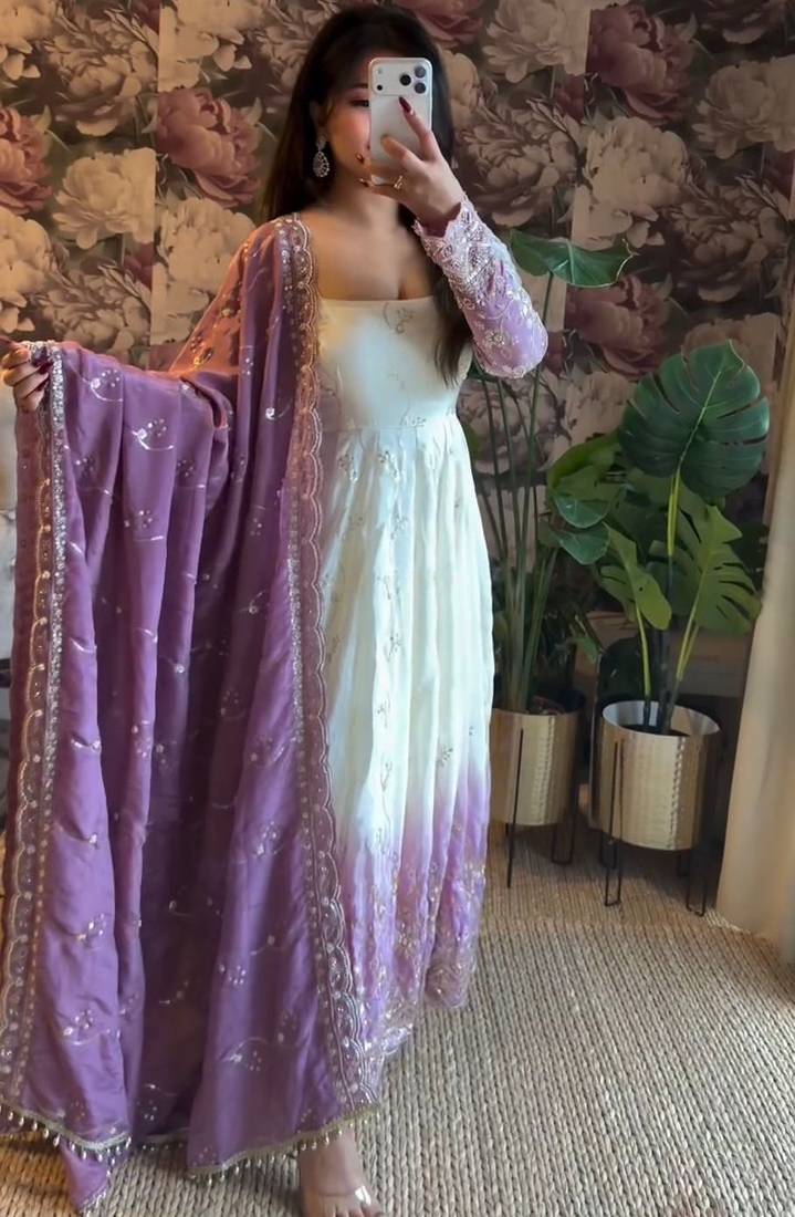 Ivory & dark lavender ombre anarkali gown