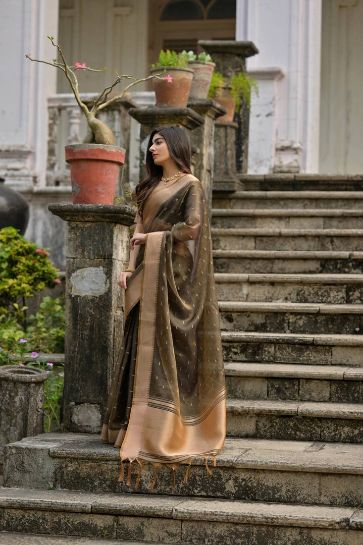 coffee solid silk blend  saree with blouse