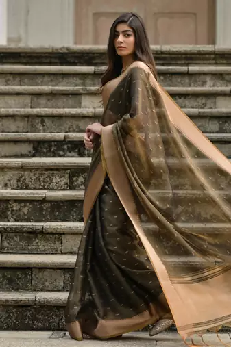 coffee solid silk blend  saree with blouse