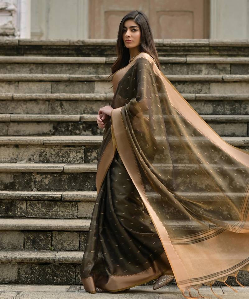 coffee solid silk blend  saree with blouse