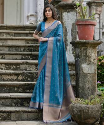 blue solid silk blend  saree with blouse 1