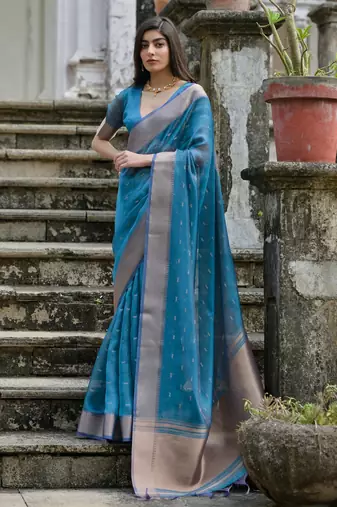 blue solid silk blend  saree with blouse