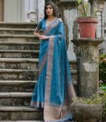 blue solid silk blend  saree with blouse