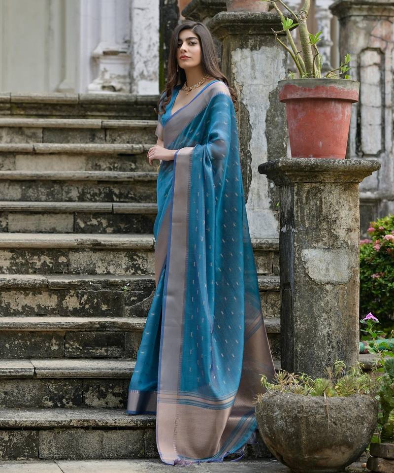 blue solid silk blend  saree with blouse