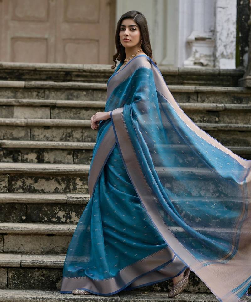 blue solid silk blend  saree with blouse