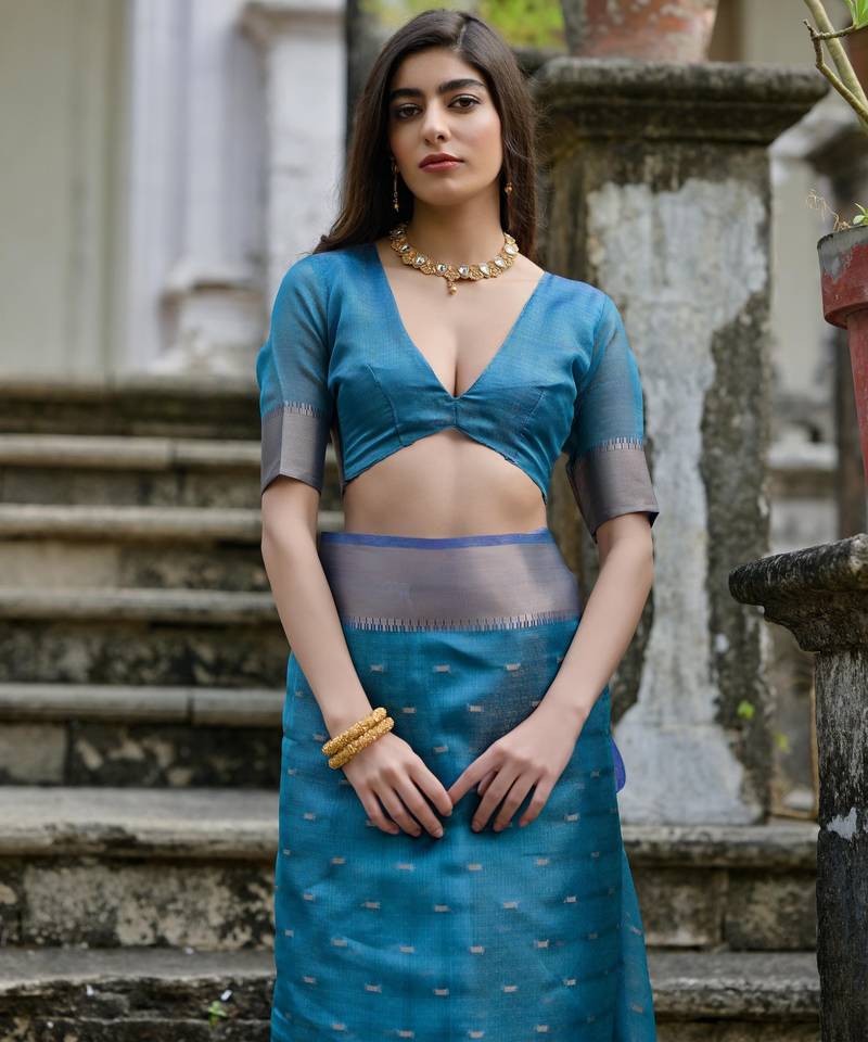 blue solid silk blend  saree with blouse