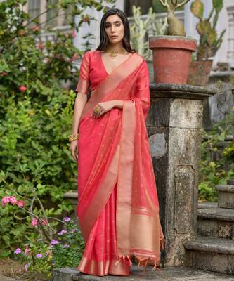 light orange solid silk blend  saree with blouse 1