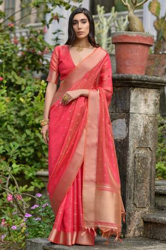 light orange solid silk blend  saree with blouse