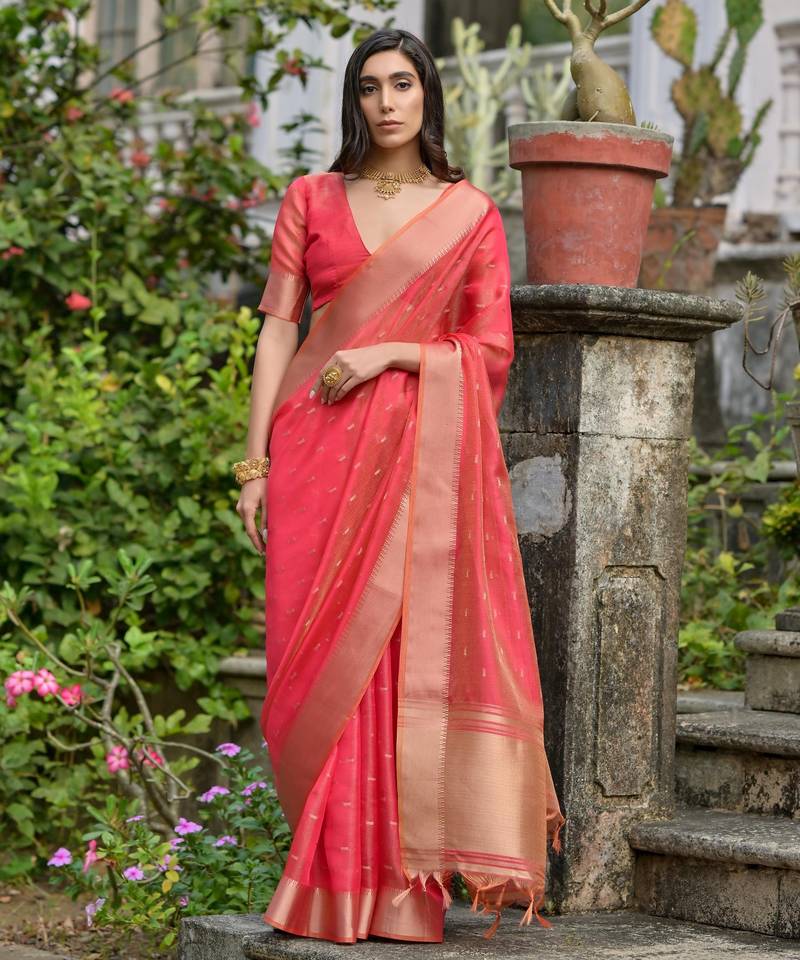 light orange solid silk blend  saree with blouse