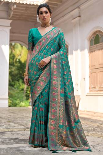 rama green solid pashimina silk saree with blouse
