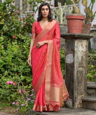 light orange solid silk blend  saree with blouse 2