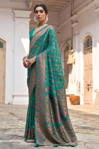 rama green solid pashimina silk saree with blouse