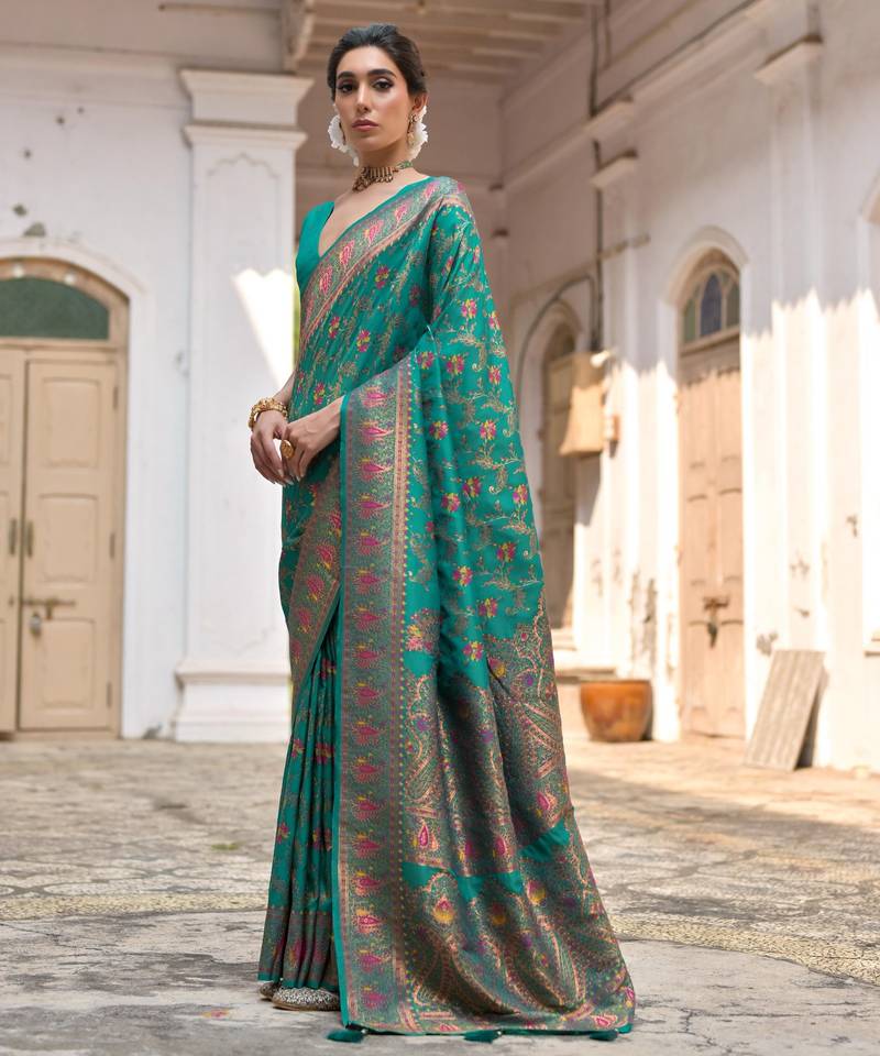 rama green solid pashimina silk saree with blouse