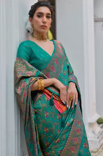 rama green solid pashimina silk saree with blouse
