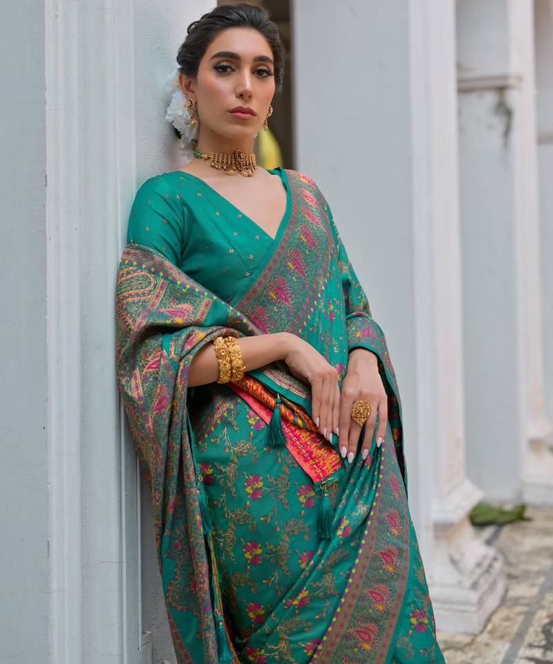 rama green solid pashimina silk saree with blouse