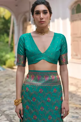 rama green solid pashimina silk saree with blouse