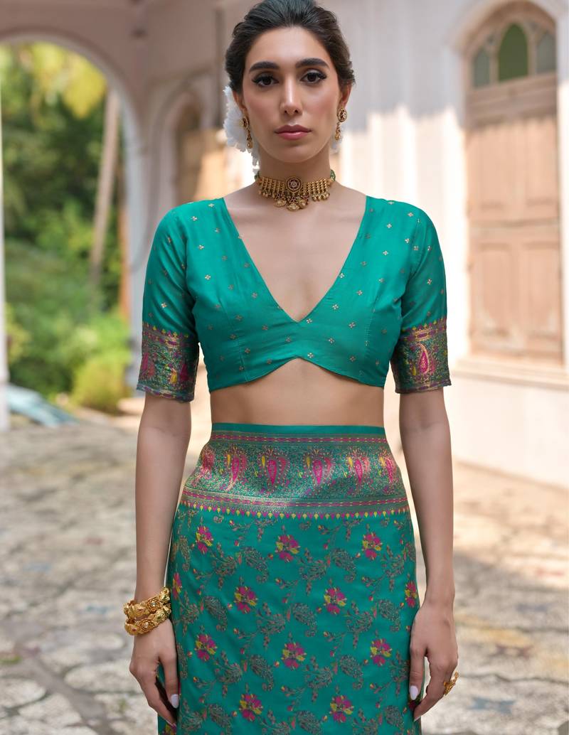 rama green solid pashimina silk saree with blouse