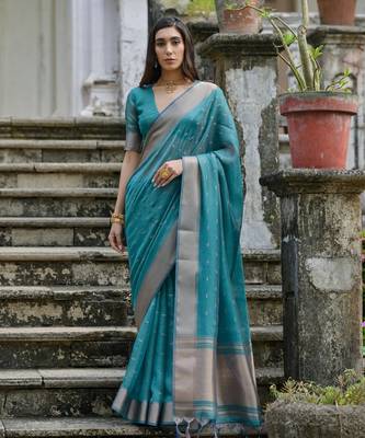 rama green solid silk blend  saree with blouse 1