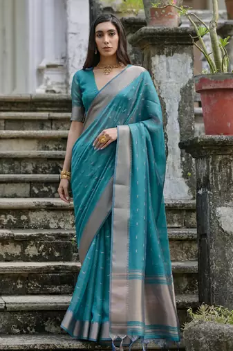 rama green solid silk blend  saree with blouse