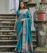 rama green solid silk blend  saree with blouse