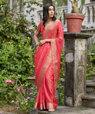 light orange solid silk blend  saree with blouse 5