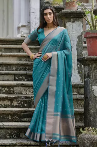 rama green solid silk blend  saree with blouse