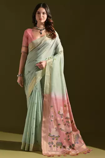 rama green solid blended cotton saree with blouse
