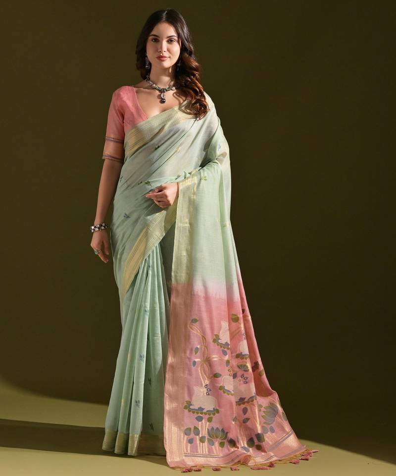 rama green solid blended cotton saree with blouse