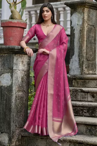 pink solid silk blend  saree with blouse