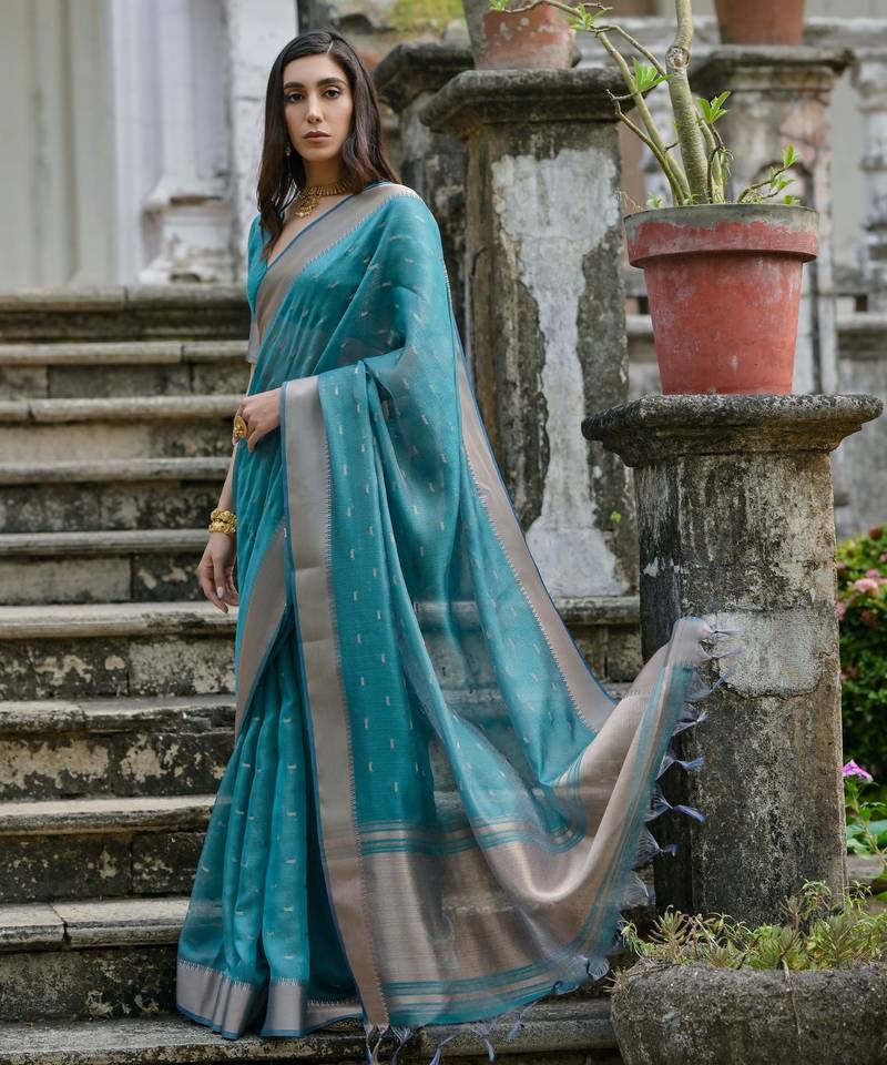 rama green solid silk blend  saree with blouse