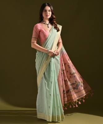 rama green solid blended cotton saree with blouse 2